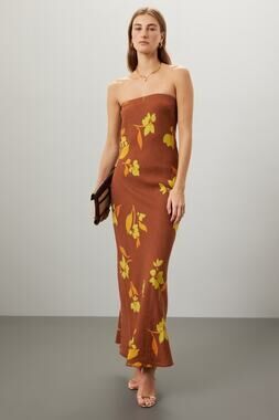 RTR Soleil Soleil Sz 5 Brown Floral Print Maeve Linen Strapless Bias Maxi Dress